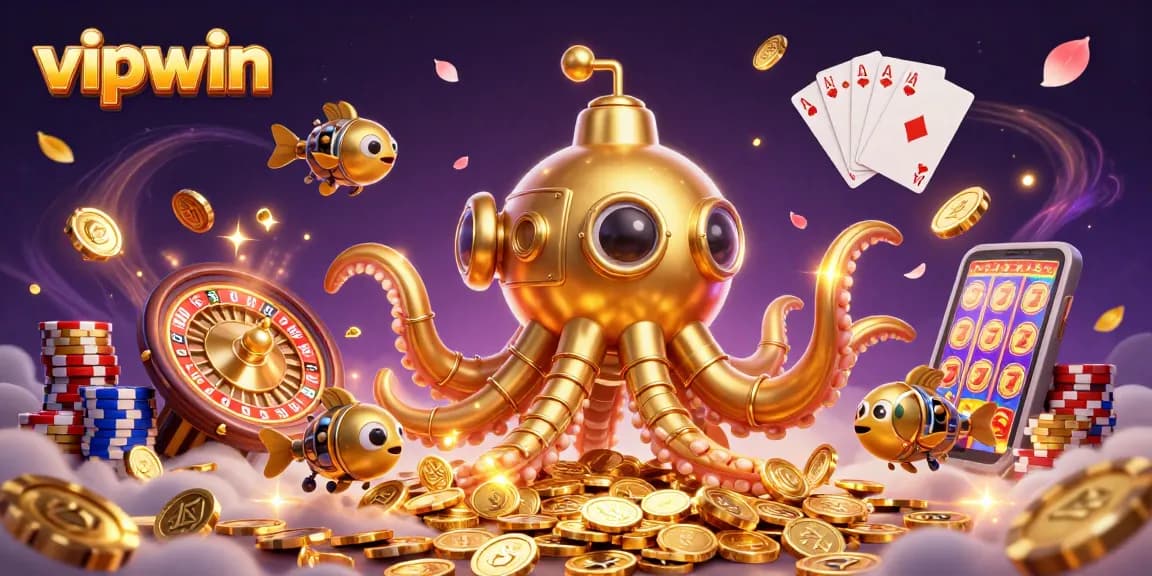 Experience thrilling wins at vipwin with a vibrant 3D illustration of a golden kraken submarine among cascading coins and gaming elements.