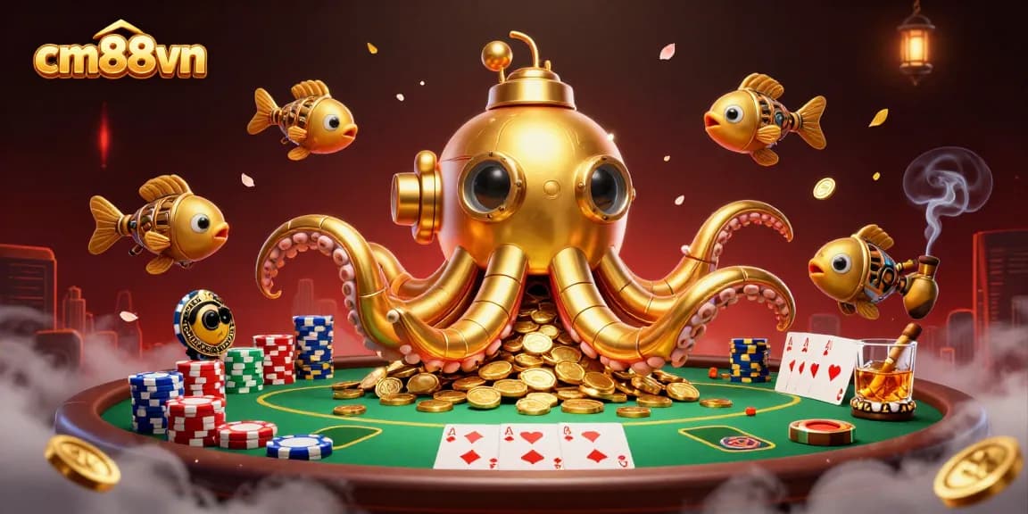 Win big at cm88vn with a thrilling casino adventure featuring a golden kraken submarine and poker excitement.