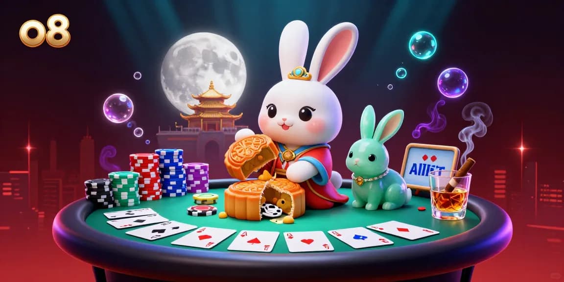 Experience exciting poker action with o8's vibrant moonlit scene featuring a rabbit and poker chips.