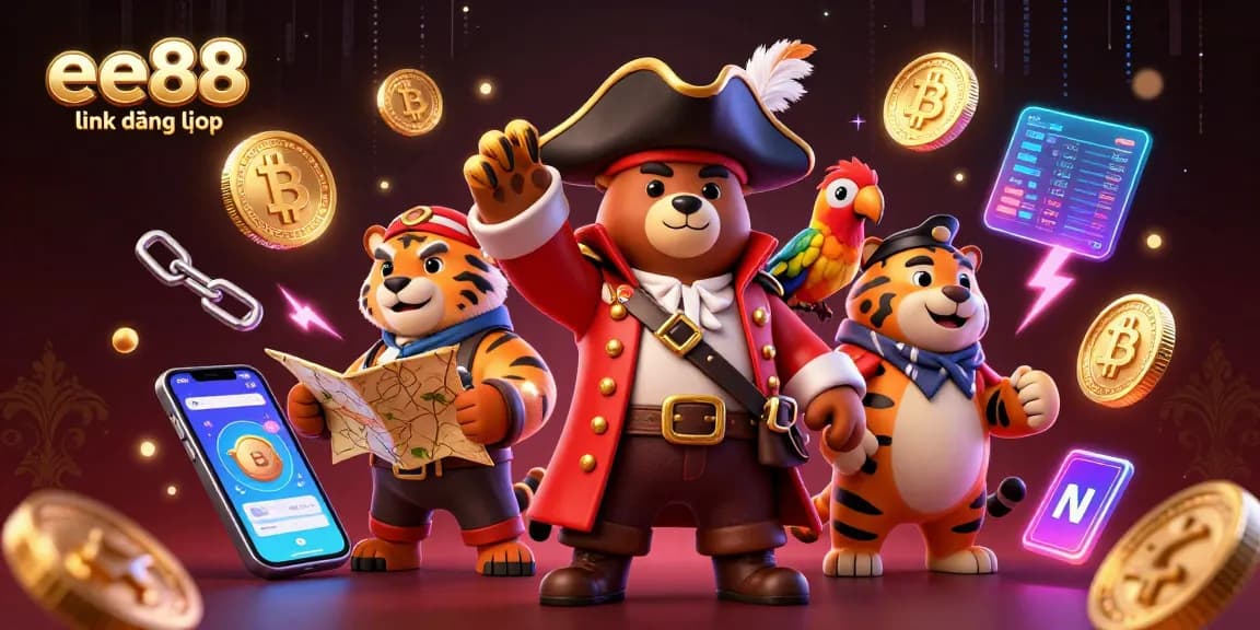 Engage with the ee88 link đăng nhập in this vibrant 3D illustration featuring a pirate captain and tiger in a casino setting.