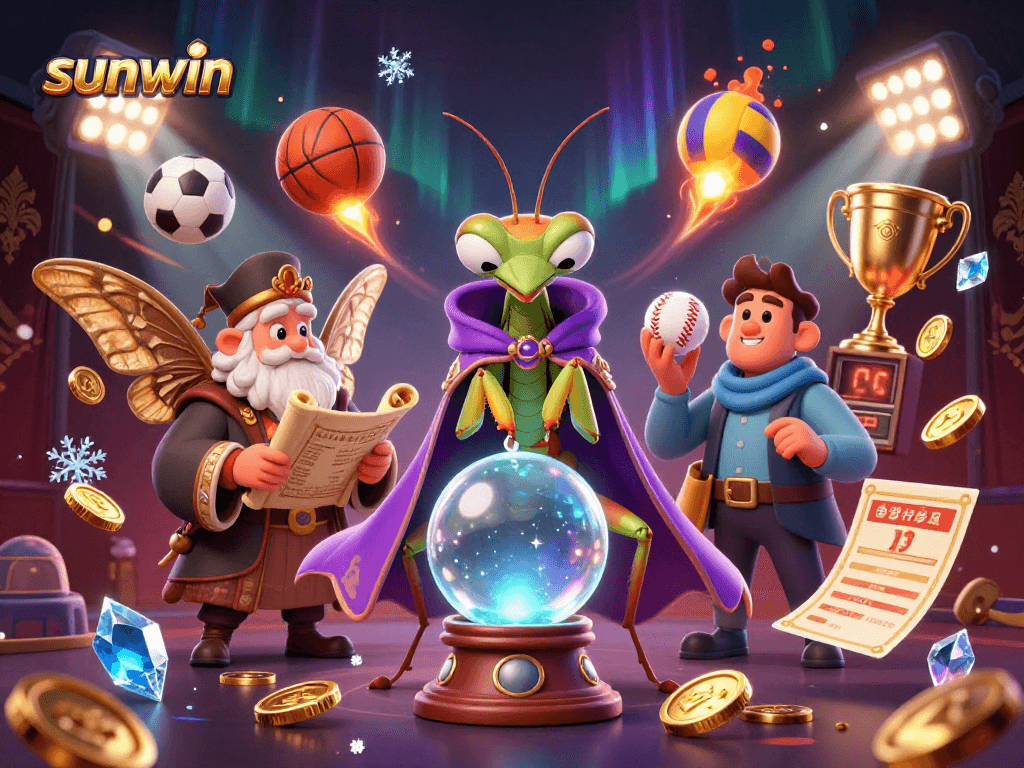Experience the magic of sunwin as the fortune teller gazes into the future amidst vibrant casino elements.