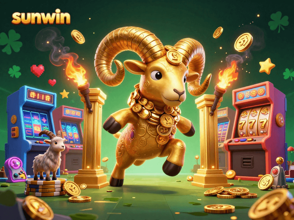 Win big with sunwin's exciting casino illustration featuring an animated golden ram and arcade elements.