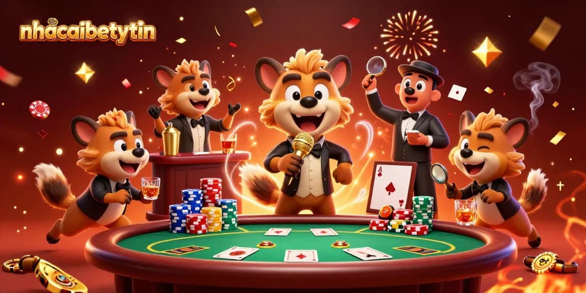 nhacaibetuytin hyenas hosting a lively comedy casino scene with a poker game and fun atmosphere.