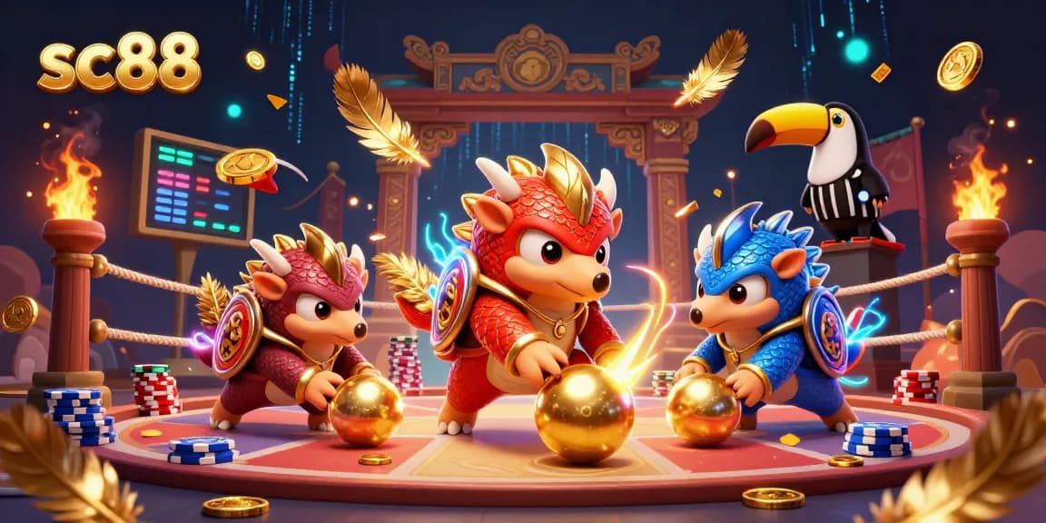 Experience the thrill of sc88 with animated pangolins bowling through poker chips in a vibrant casino scene.