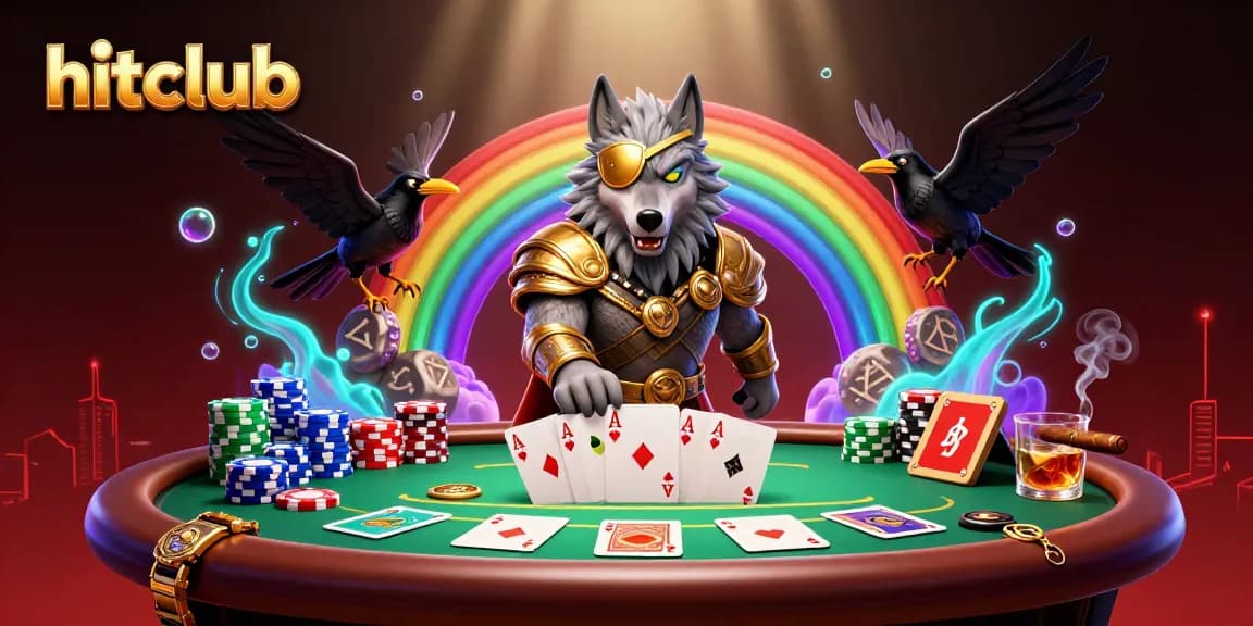 Engage in thrilling gameplay at hitclub with a cartoon Odin and ravens amidst rich casino elements.