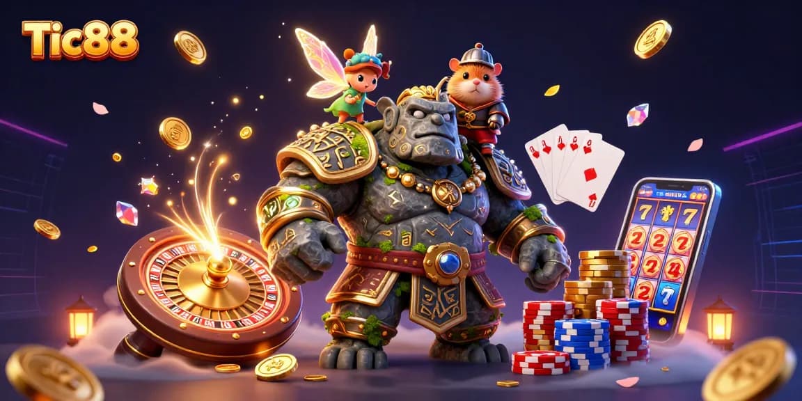 Tic88 characters celebrating with cascading coins, vibrant colors, and exciting casino elements in action.