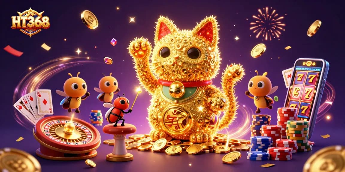 Experience HT368 with vibrant visuals of exciting casino gameplay, showcasing colorful winnings and gaming elements.