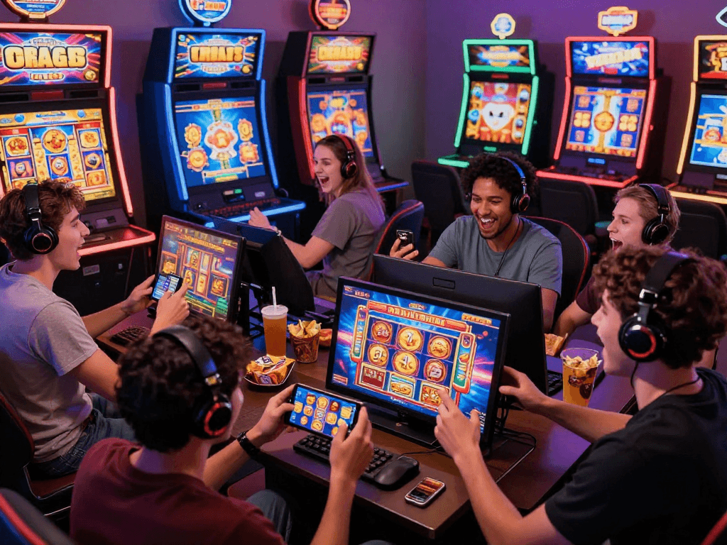 Exciting situs slot online gaming scene featuring diverse players enjoying vibrant slot games