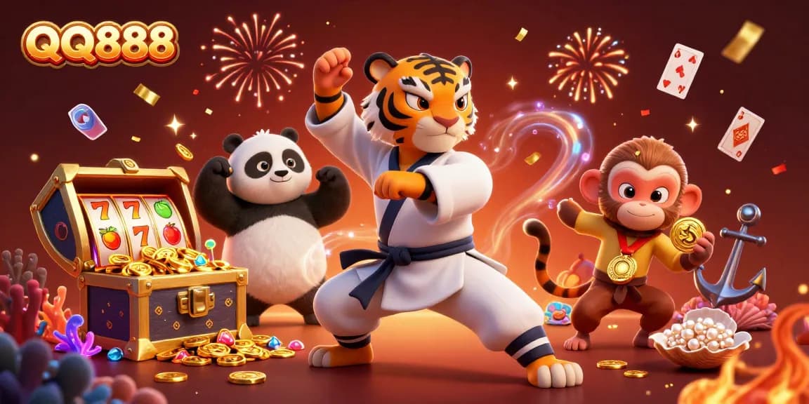 Experience thrilling slots action with QQ888 in a vibrant, animated 3D casino scene full of colorful treasure.