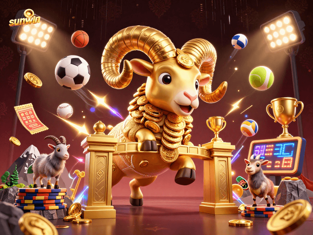 Engage with sunwin's vibrant casino scene featuring a golden ram and dynamic sports elements.