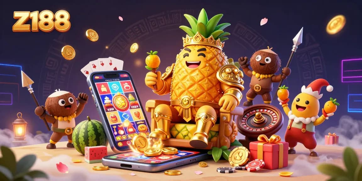 Engage with z188's dynamic casino world featuring a pineapple king and vibrant gaming elements.