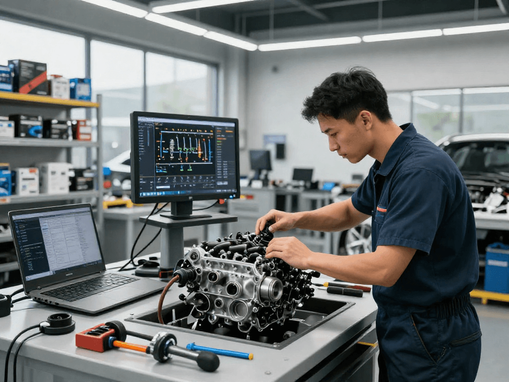 Professioneller BMW Steuerkettenwechsel in moderner Werkstatt mit Techniker und hochwertiger Ausrüstung.