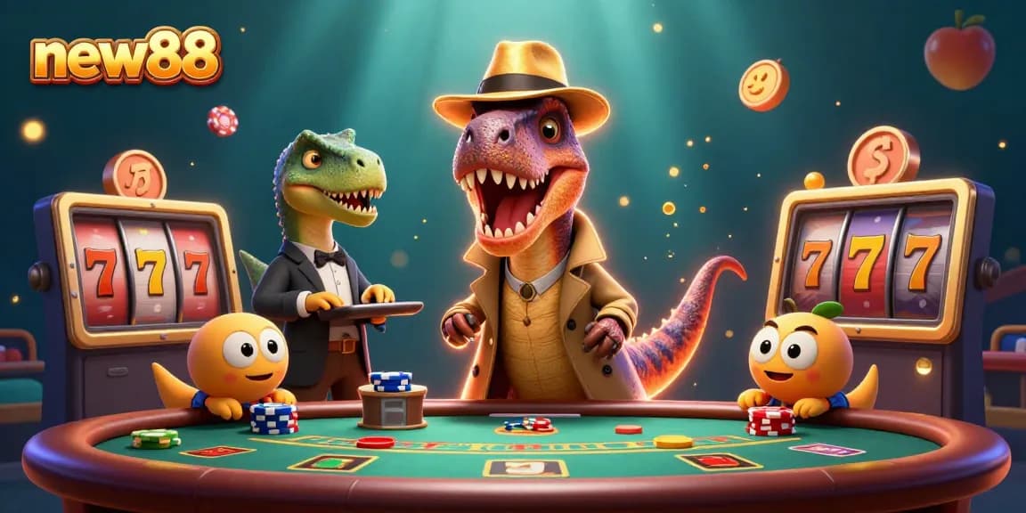 Experience new88's casino thrills with a velociraptor gambler at a vibrant blackjack table.