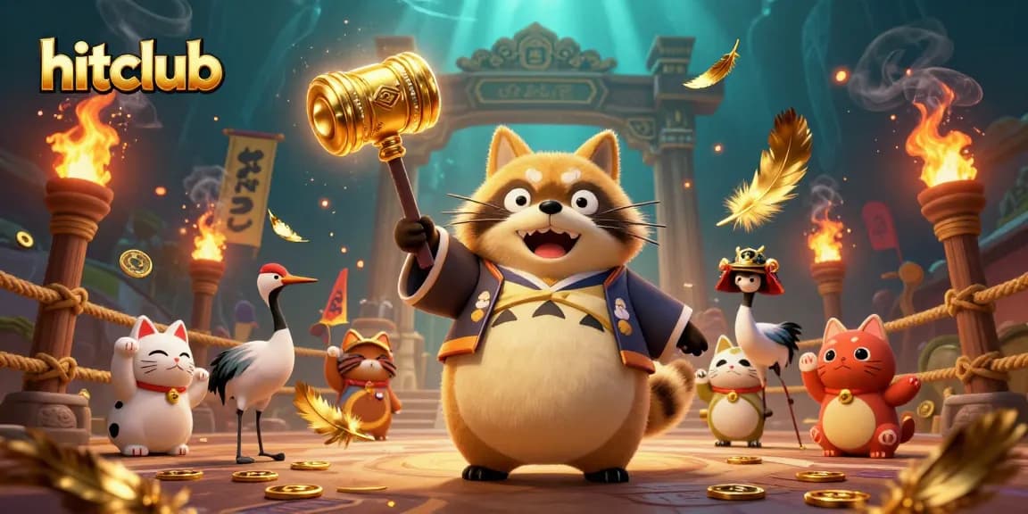 Hitclub brings luck with cheerful tanuki in a vibrant casino setting, celebrating winning moments.