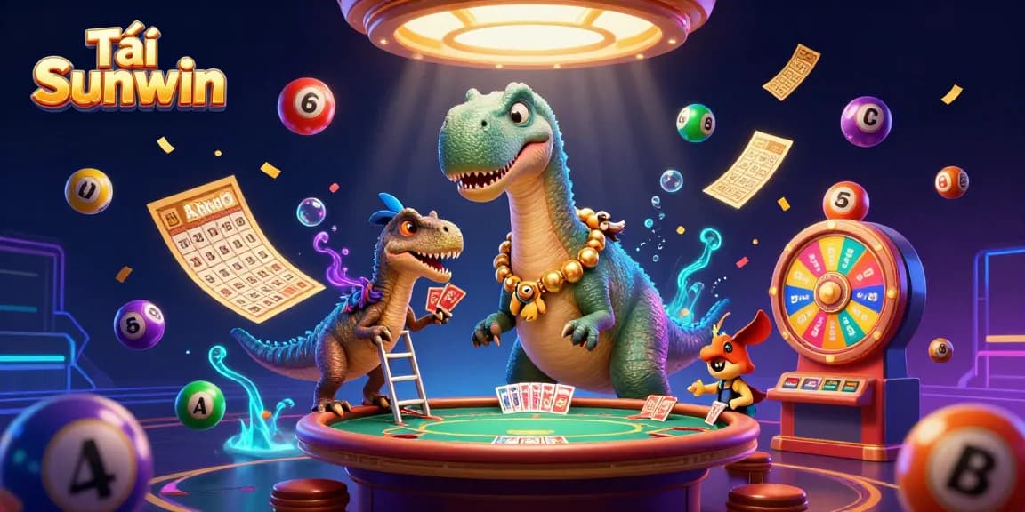 Tải Sunwin in a vibrant 3D casino scene with dinosaurs, lottery elements, and neon designs.