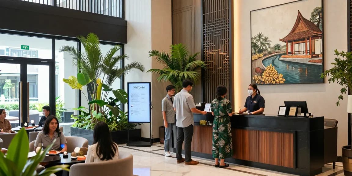 rokok88 login at a luxurious hotel reception in Jakarta Barat welcoming guests