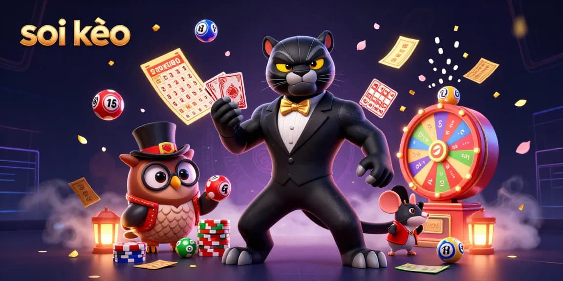 Engage with soi kèo at a vibrant sports betting scene featuring a stylized cartoon panther, owl, and mouse.