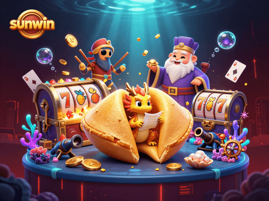 Immerse in sunwin's vibrant gaming scene featuring a golden fortune cookie and epic characters.