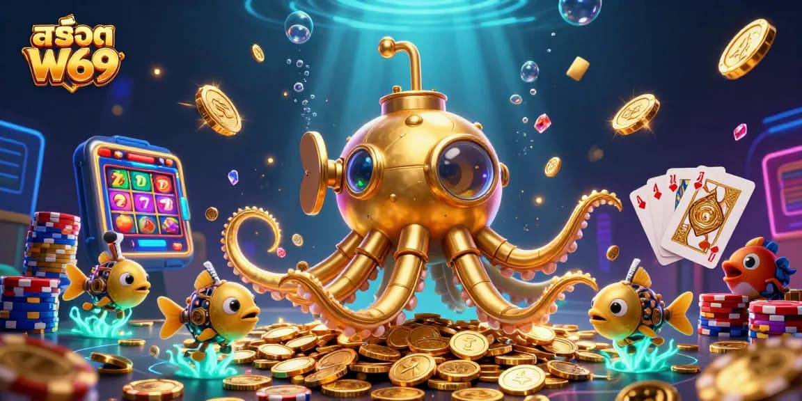 Experience สล็อต W69 with dynamic slot reels and golden treasures in this vibrant casino-themed illustration.