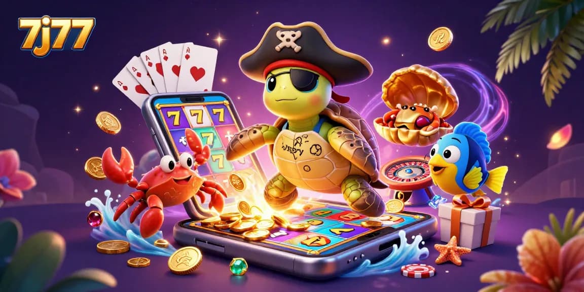 Spin and win with 7j77 as the pirate turtle and friends uncover slot treasures in a vibrant casino adventure.