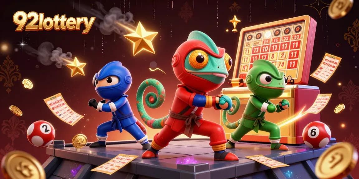 Engaging scene of 92lottery characters and lottery elements celebrating player wins.