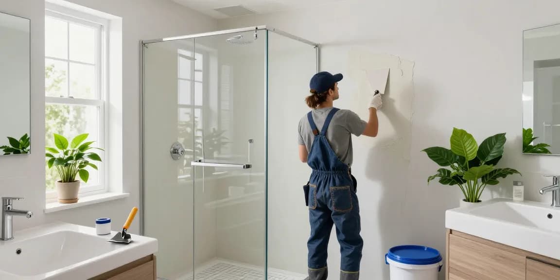 Fugenloses Bad selber machen: DIY-Enthusiast bei der Anwendung von Microzement in modernem Badezimmer.