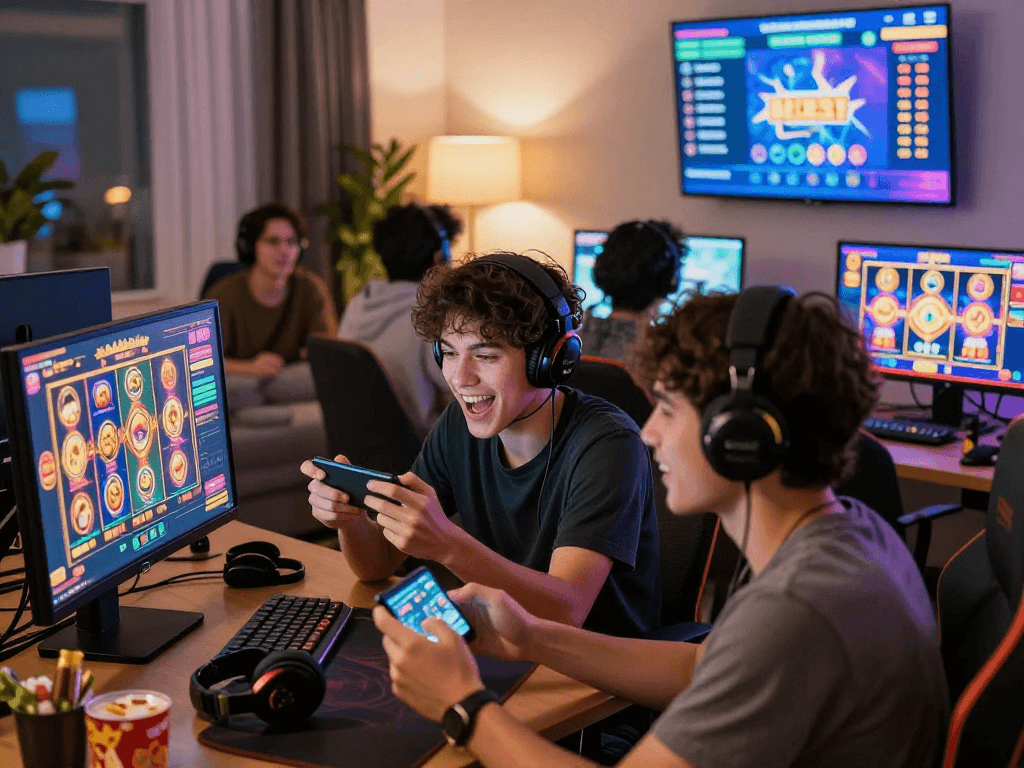 Players excitedly engaging with gacor slot games in a cozy gaming environment, showcasing thrilling animations and payouts.