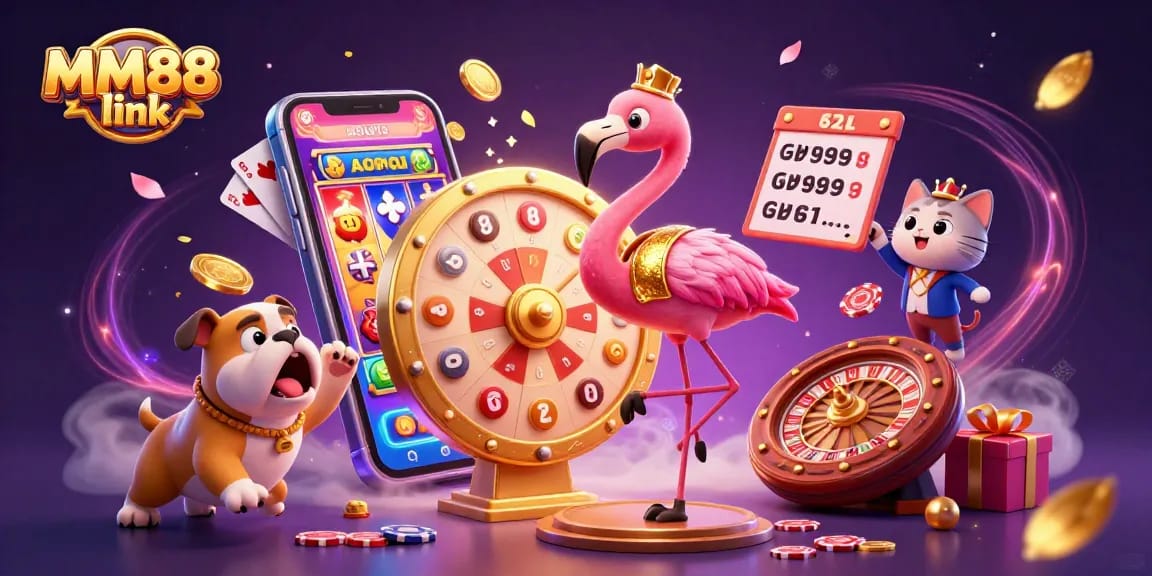 Exciting MM88 link scene with a flamingo game show host and a bulldog contestant surrounded by dynamic gambling elements.