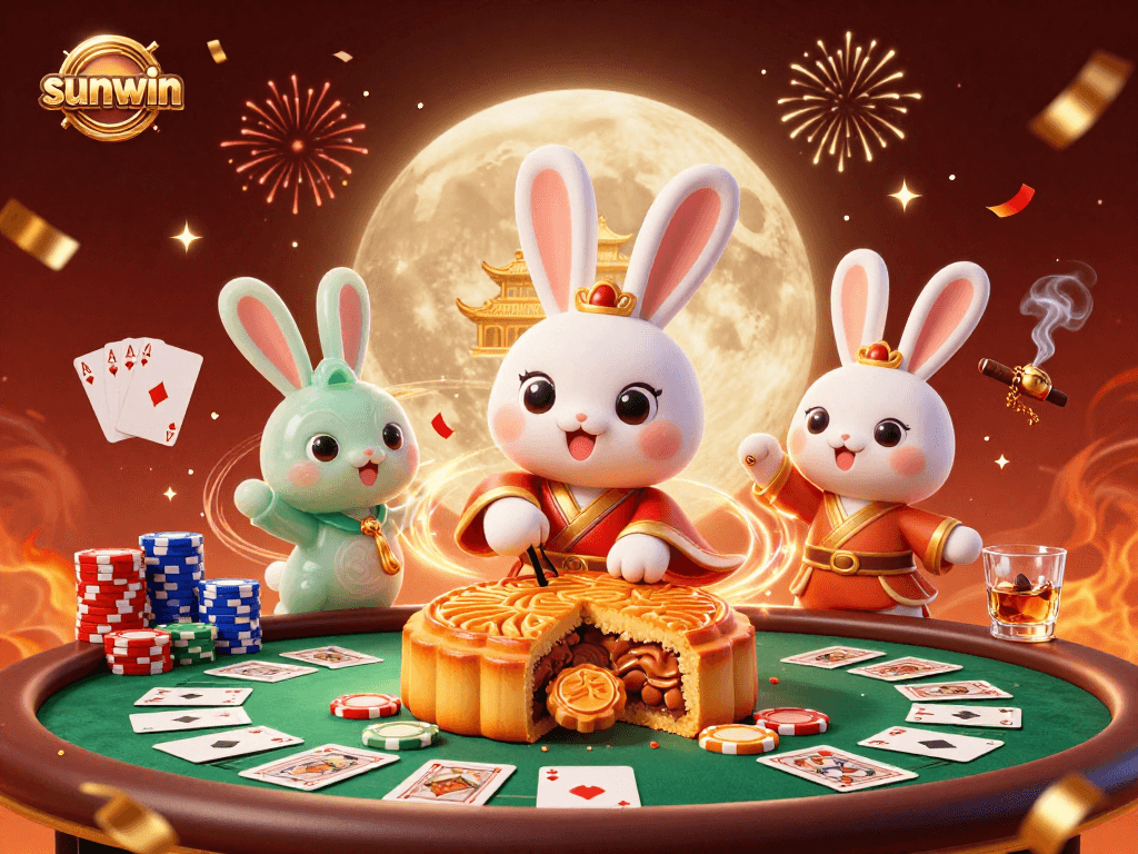 Play at sunwin with a captivating moon rabbit scene, poker chips, and festive elements for gamblers.