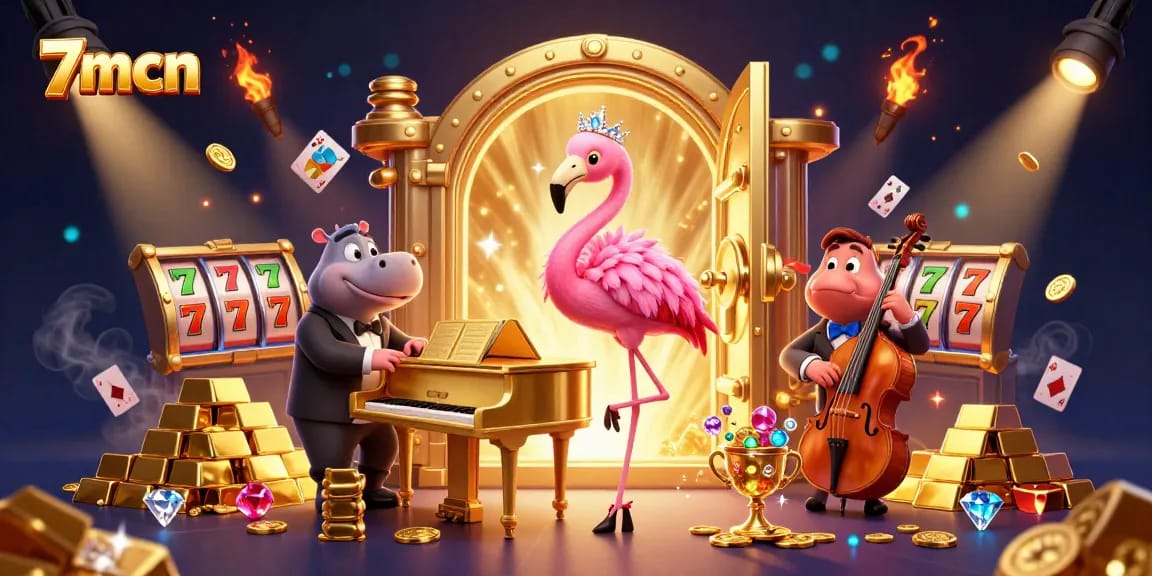 7mcn casino scene showcasing a dynamic flamingo singer and hippo bassist in a lively environment filled with gold.