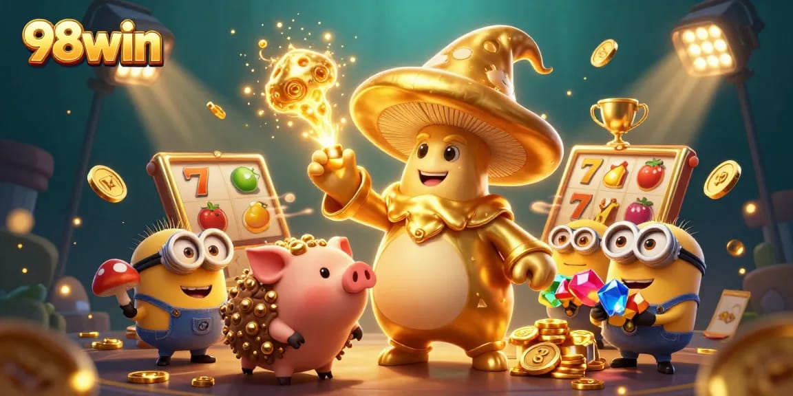Engage in thrilling gameplay with 98win's vibrant slot machines, golden treasures, and magical characters.