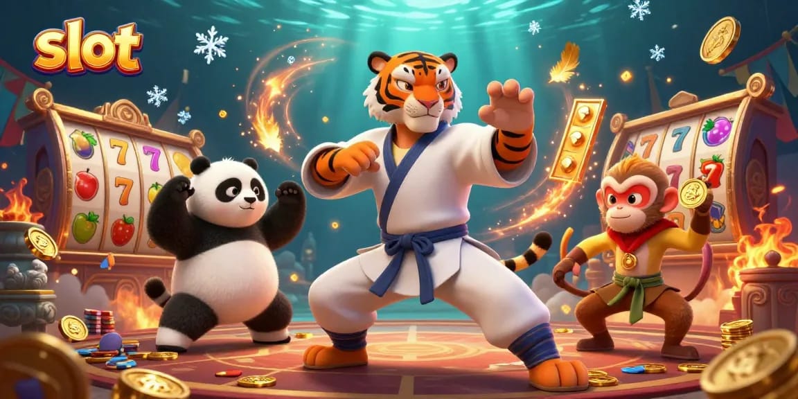 Engage in thrilling slot action with a kung fu tiger master in a dynamic casino scene.