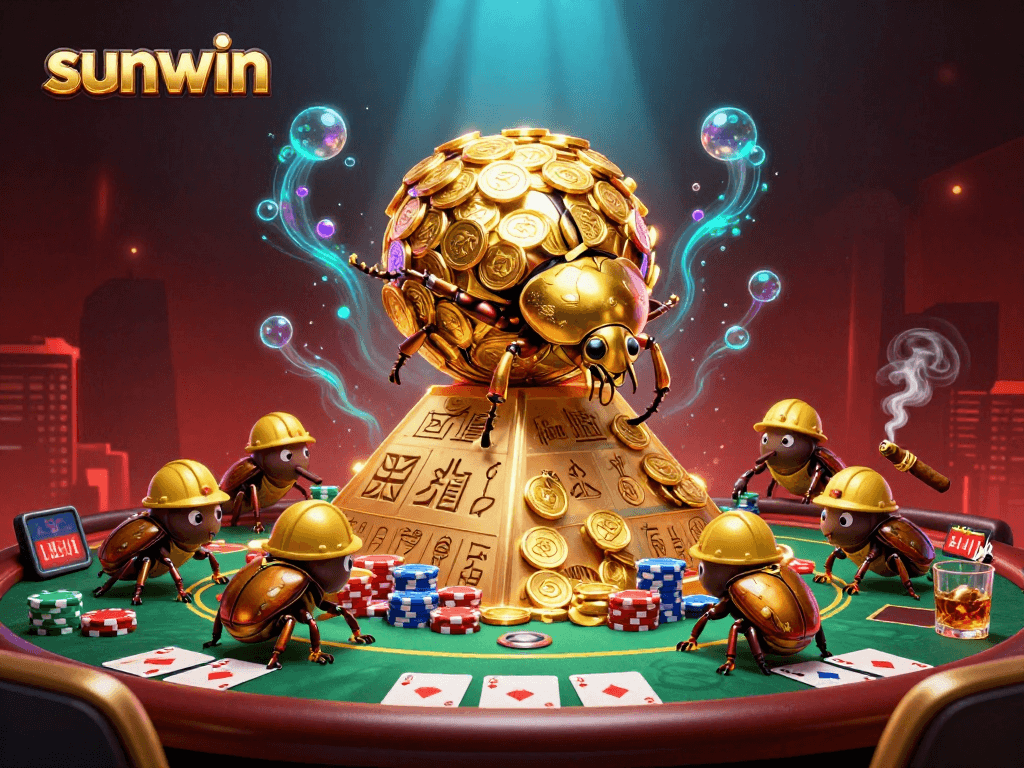 Experience the thrill of sunwin as beetles roll golden coins amidst poker and casino symbols.