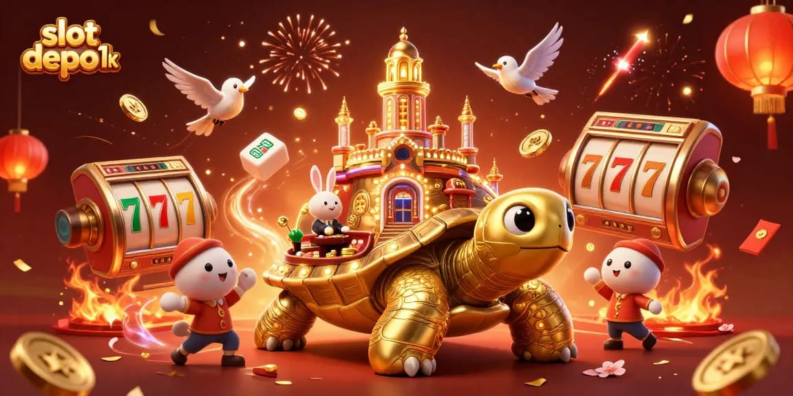 Experience thrilling gaming with slot depo 1k, featuring a golden tortoise casino illustration.