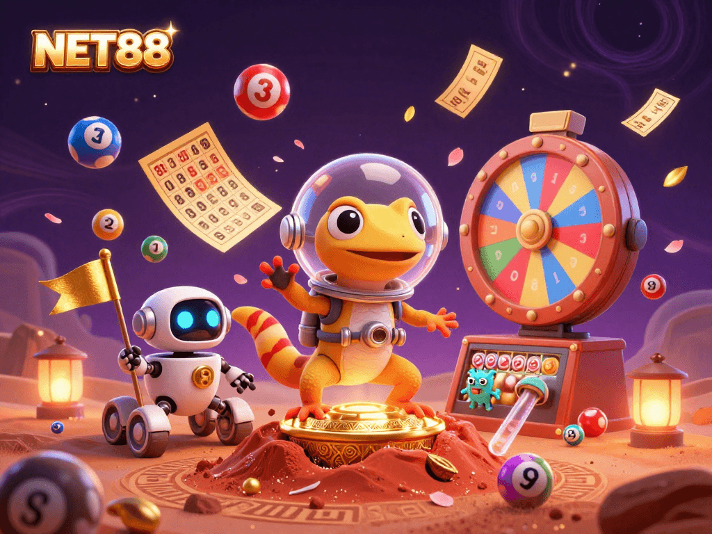 NET88's Martian themed casino adventure with vibrant lottery elements and a robot sidekick.