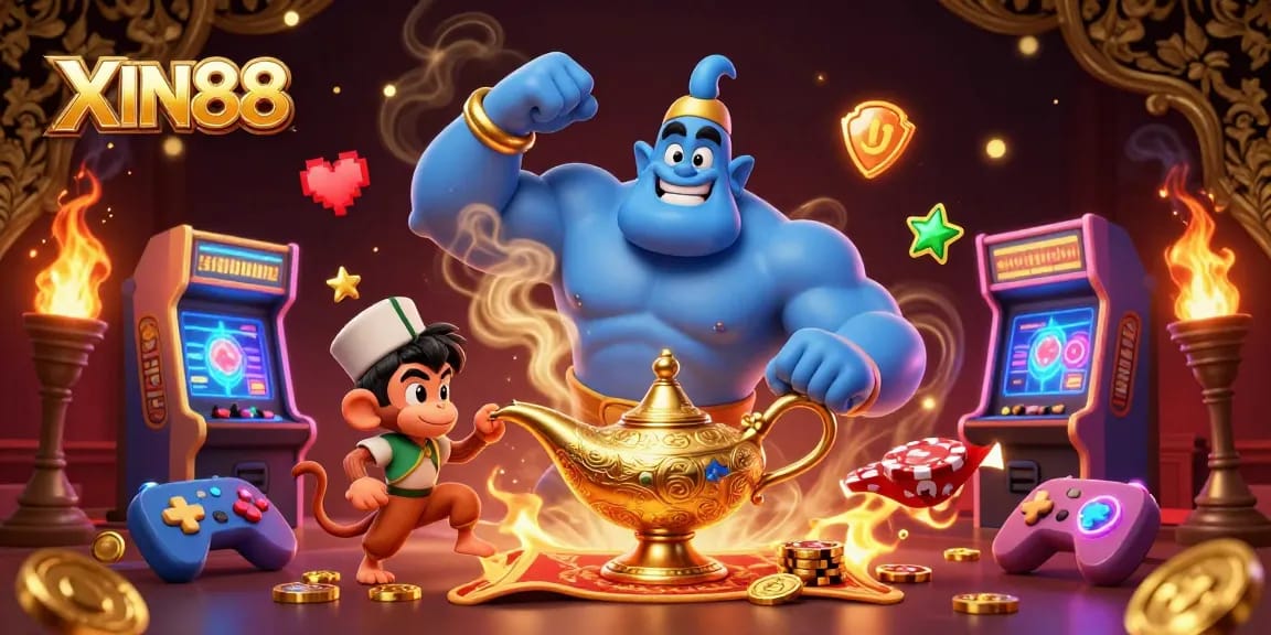 XIN88 brings luck with a giant genie, poker chips on a magic carpet, and arcade gaming elements.