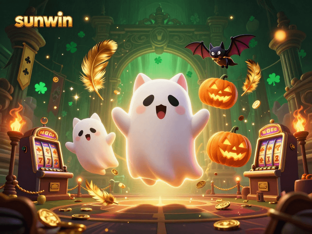 Experience sunwin's haunted casino atmosphere with a friendly ghost cat and vampire bat.