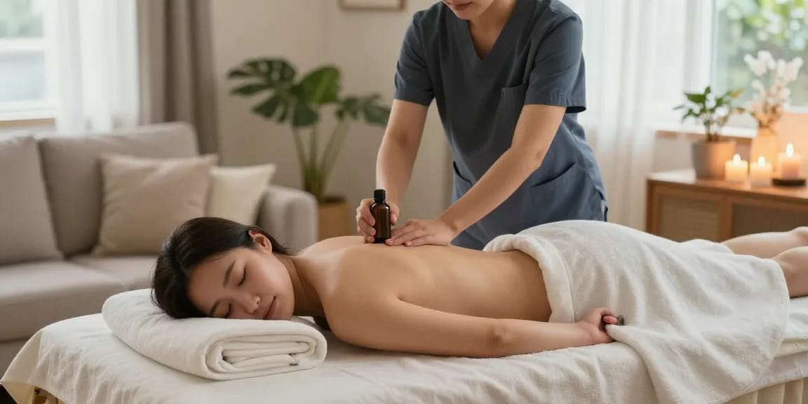 마포출장마사지 service provided in a cozy home environment, highlighting professional care and relaxation.