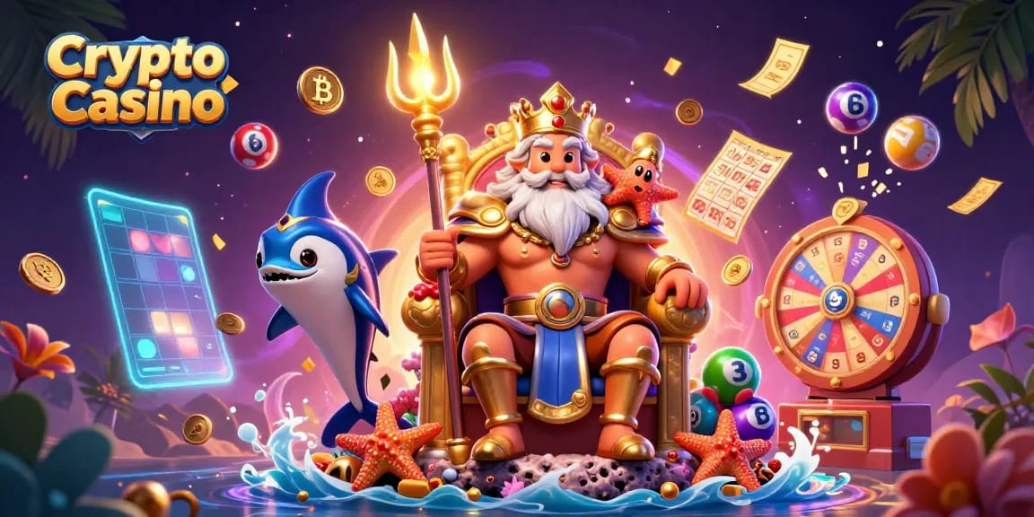 Win big at the Crypto Casino with exciting games and vibrant visuals, showcasing Neptune's treasures.