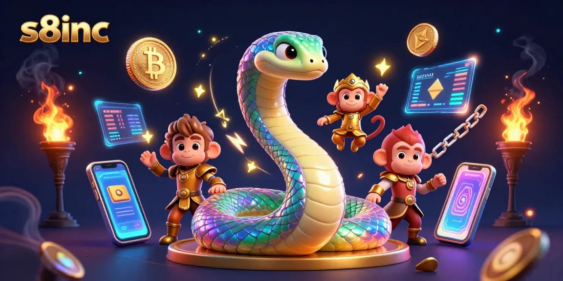 S8inc delights players with colorful casino fun featuring a vibrant rainbow serpent and Bitcoin symbols.