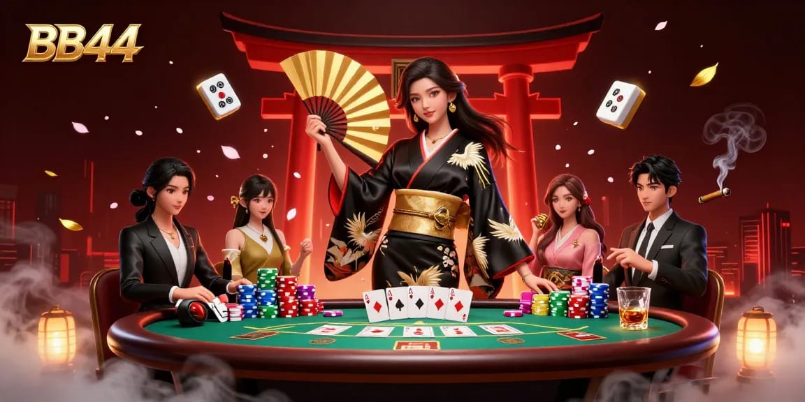 Experience thrilling gameplay at BB44 with an elegant Asian woman at a bustling casino table.