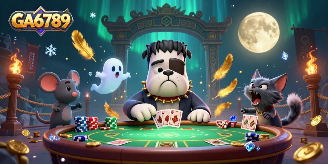 Play poker with GA6789's cartoon characters in a spooky casino scene filled with excitement and gold.