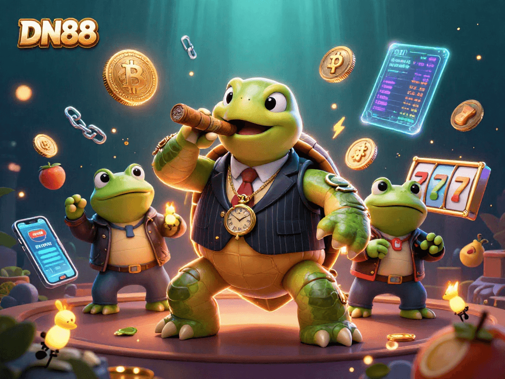 Experience the vibrant DN88 casino scene with a turtle mobster and frog enforcers amidst crypto action.