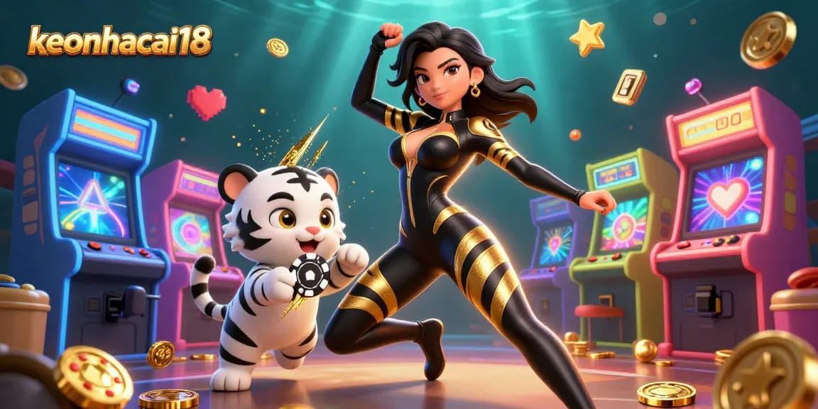 Engaging scene depicting keonhacai18's dynamic gaming space with a stylish woman and a playful tiger.