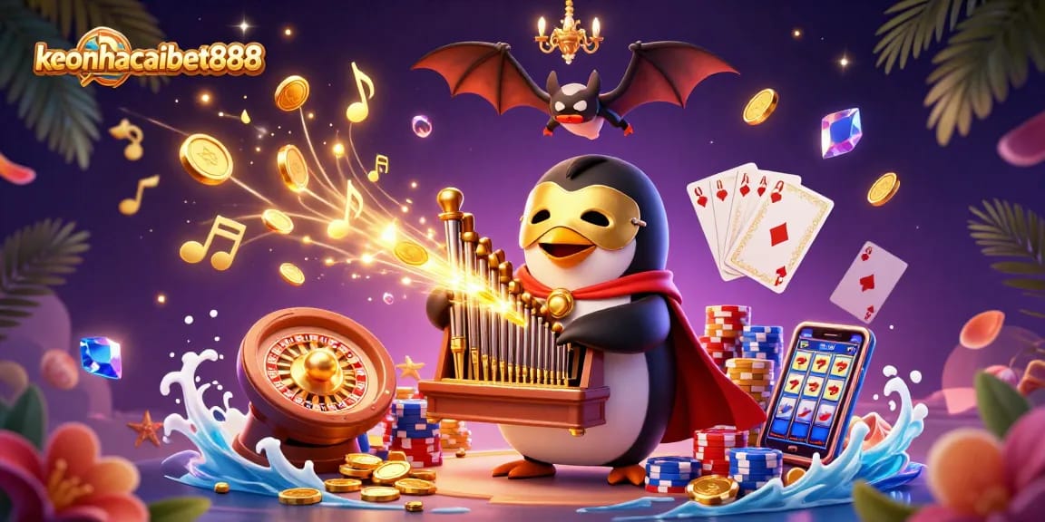 Experience thrilling gameplay with keonhacaibet888 as the cartoon penguin plays enchanting tunes.