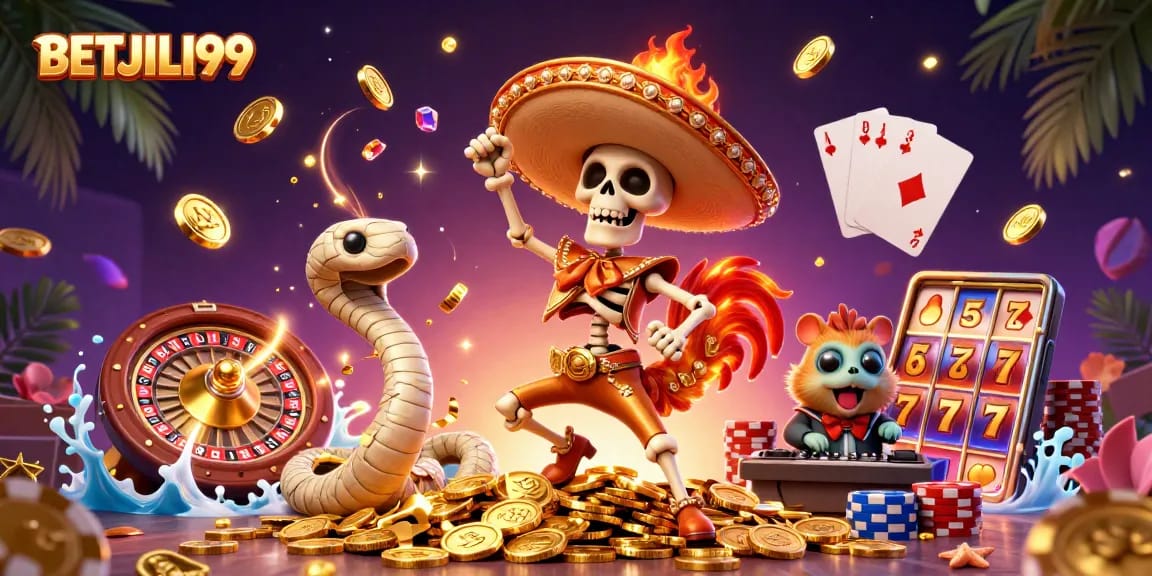 Experience gaming excitement at BETJILI99 with dazzling coins and vibrant casino characters.