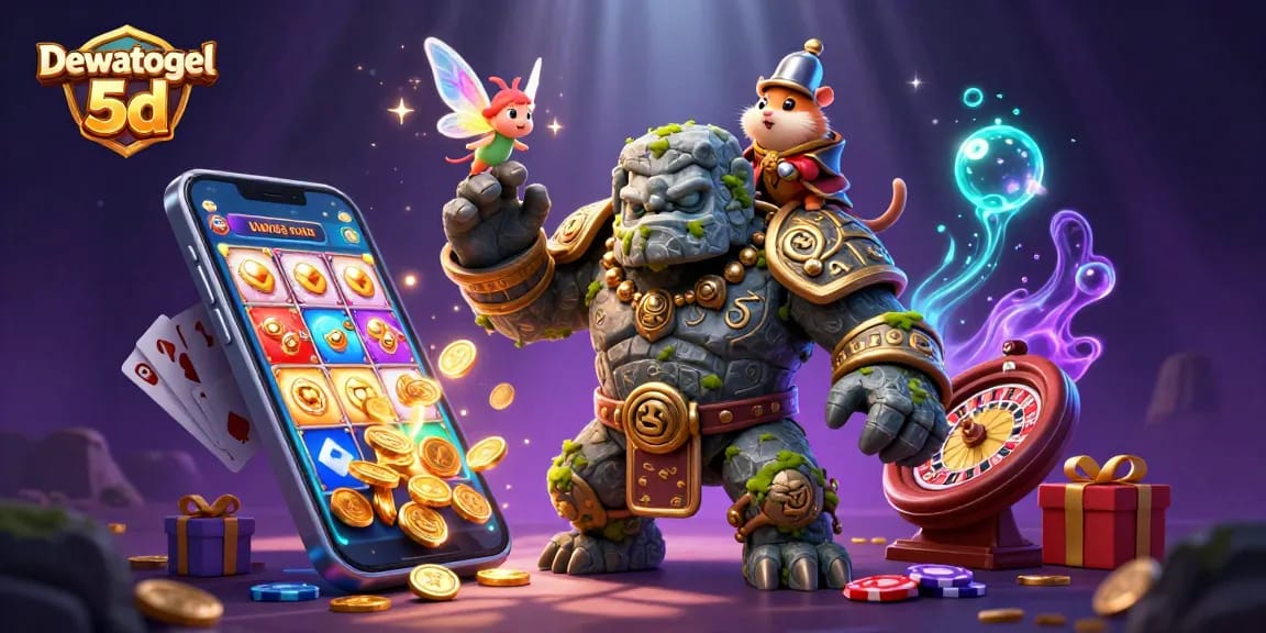 Dewatogel 5d shows an animated golem and friends amidst slots and cards, inviting gamblers to play.