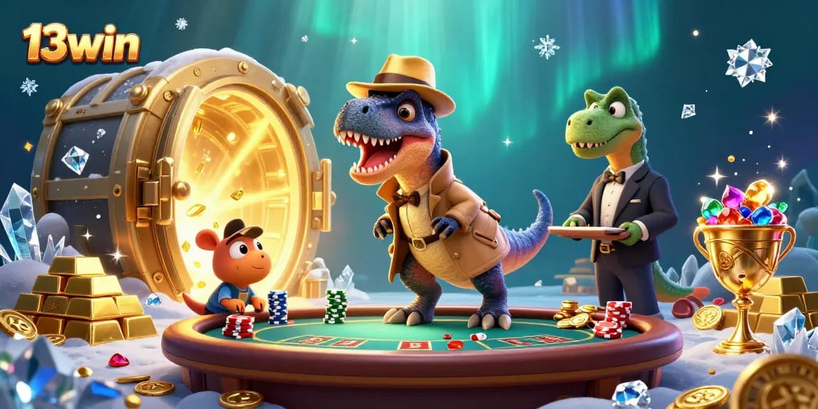 Engage in thrilling blackjack action at 13win with vibrant characters in a rich casino atmosphere.