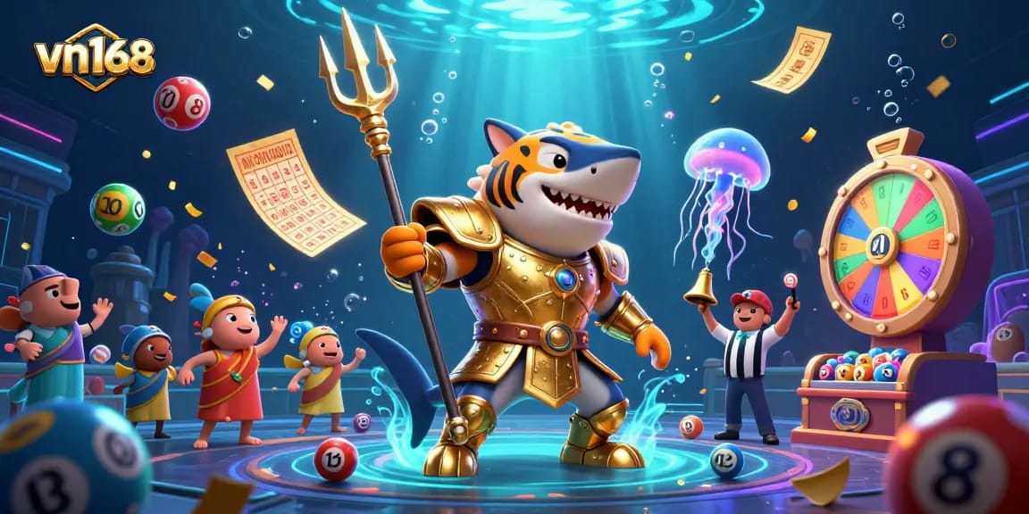 Win exciting prizes with vn168 as a tiger shark gladiator battles in a vivid underwater casino.