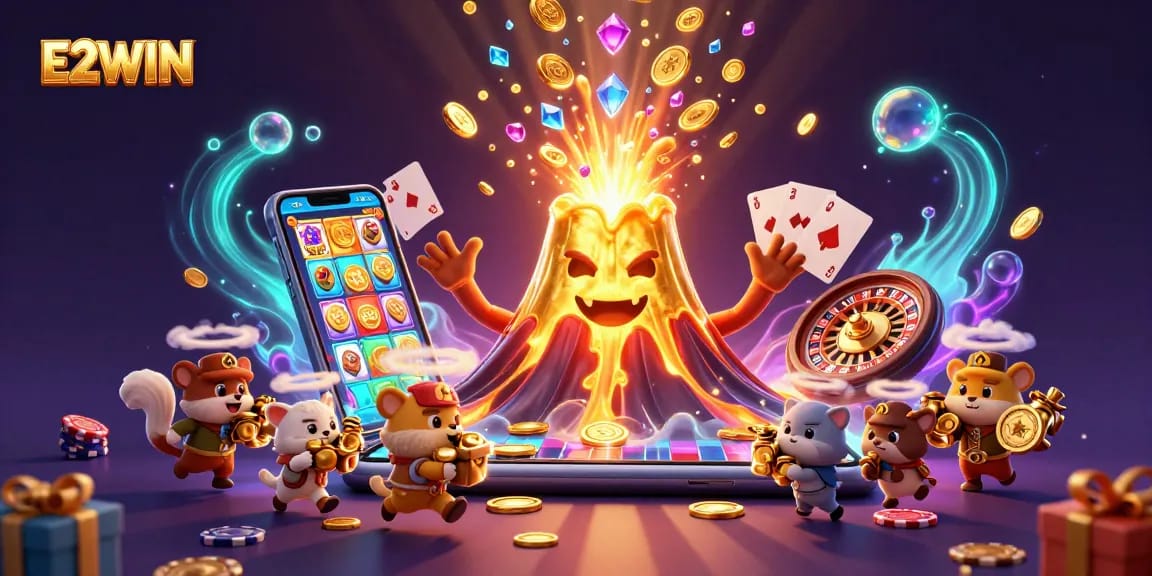 E2WIN showcases a triumphant volcano erupting coins and gems amidst a vibrant casino scene filled with dynamic gaming elements.